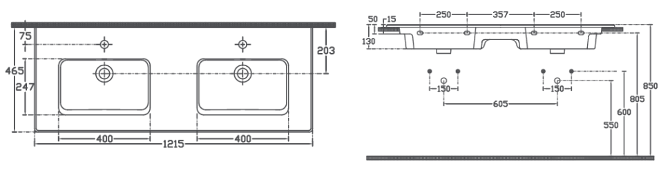 Раковина ISVEA SistemaT 121 см, 2 чаши цвет белый 10SL50121